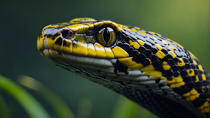 A green and yellow snake with black spots is shown close up