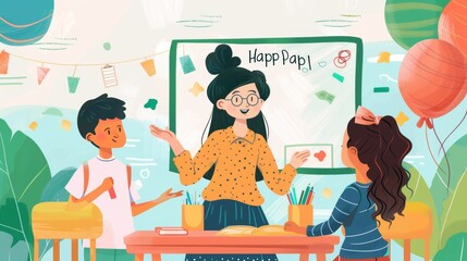 AI generated, World teacher’s day theme. Male teacher standing in front of a blackboard in the classroom, holding a book. Flat simple illustration for happy teacher's day