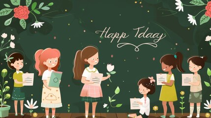 AI generated, World teacher’s day theme. Male teacher standing in front of a blackboard in the classroom, holding a book. Flat simple illustration for happy teacher's day