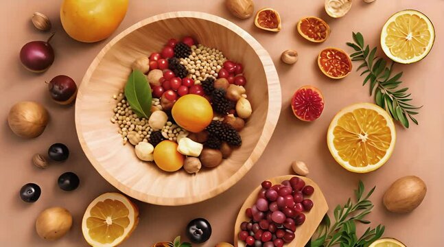 Eye-Catching Vray Tracing Style Presentation of Minerals and Vitamins in Healthy Foods: A Top View Perspective
