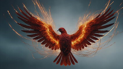 The image shows a bird with red and yellow feathers.