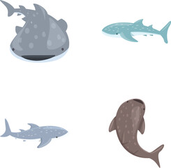 Shark icons set cartoon vector. Cartoon blue whale shark. Large underwater animal