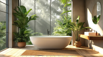Biophilic design bathroom interior with natural elements, modern sleek bathtub surrounded by lush greenery, contemporary fixtures, including stylish sink and mirror, wooden floor with rug