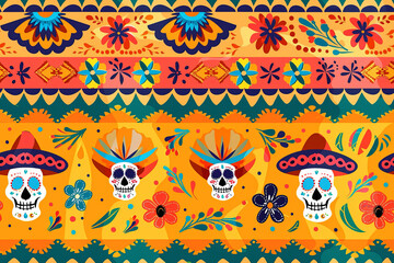 Seamless pattern featuring colorful skulls and flowers on a yellow background. Perfect for Dia de Muertos projects or other festive occasions.