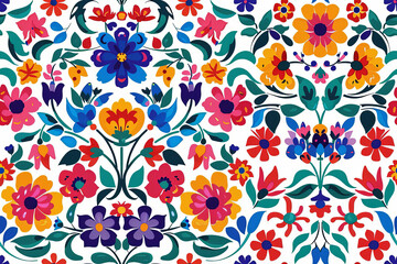 Vibrant seamless pattern featuring colorful Mexican flowers on a white background. Perfect for fabric design, gift wrap, and other creative projects.