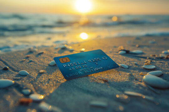 A blue credit card partially buried in sandy beach pebbles at sunrise, with sunlight shimmering on the water in the background. themes of unexpected financial opportunities or challenges.