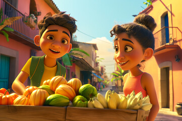 Portrait of a boy and a girl carrying pumpkins and corn home along a town street, 3D drawing
