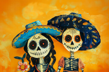 Postcard with a drawing of a young happy Mexican boy and girl for a traditional Mexican holiday, Dia de los Muertos, watercolor naive style drawing, idea for a postcard