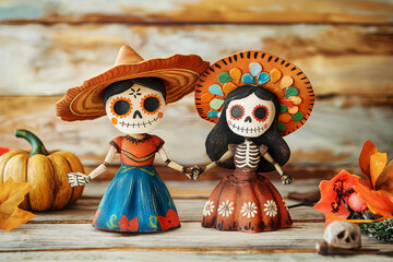 3D drawing of dolls for the Day of the Dead and All Saints Day, idea for a postcard