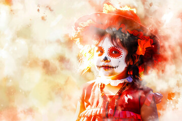 Poster with a drawing of a happy Mexican girl in a costume on the day of the dead, copy space for text