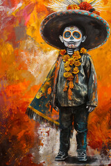 The drawing of a young Mexican youth appears in an image for the Day of the Dead or All Saints Day. Dressed in a mesmerizing ensemble, he embodies the spirit of this holiday, igniting the imagination