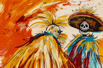 Watercolor drawing with dancing funny skeletons in a suit and sombrero on a city street, idea for a poster for the Day of the Dead, traditional Mexican holiday