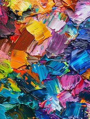 Vibrant oil paint strokes on canvas - A close-up of multicolored, thick oil paint strokes creating a vibrant, texture-rich surface indicative of modern art and creativity