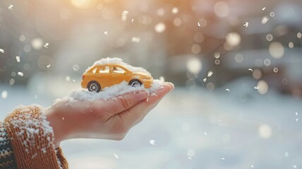 Tiny orange car on a snowy hand - A miniature car model held on a snowy day gives a magical holiday vibe, invoking a sense of nostalgia and wonder
