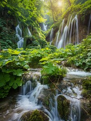 Stream and waterfalls in a sunlit forest - A sun-drenched forest setting with a stream and waterfalls, invoking a sense of renewal and natural beauty