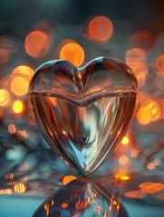Shiny glass heart among glowing bokeh lights - A translucent glass heart reflects and refracts light against a backdrop of warm bokeh circles, giving a sense of warmth and love
