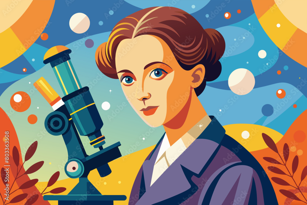 Poster portrait of a groundbreaking woman in science, gazing through a microscope with a determined express
