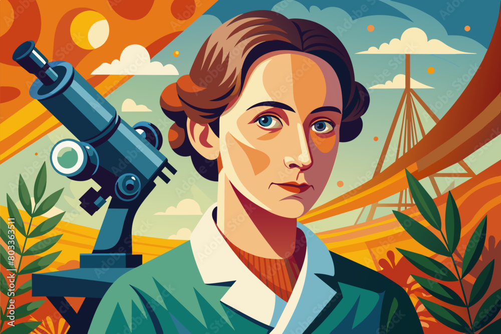 Aufkleber portrait of a groundbreaking woman in science, gazing through a microscope with a determined expression