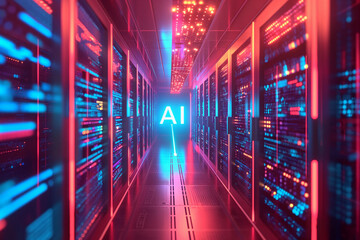 A neon lit server room displaying the power of AI, symbolizing the integration of advanced technology in digital infrastructure and cybersecurity.