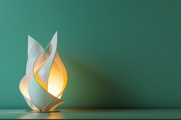 A modern, designer table lamp with a unique, sculptural form, turned on to cast a soft, warm light against a solid green wall. 