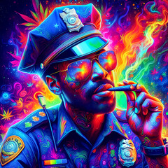 Digital art vibrant colorful psychedelic police officer smoking a blunt