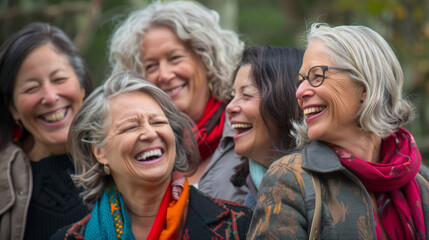 groupe de femmes soixantenaire qui rigolent ensemble en ext&eacute;rieur