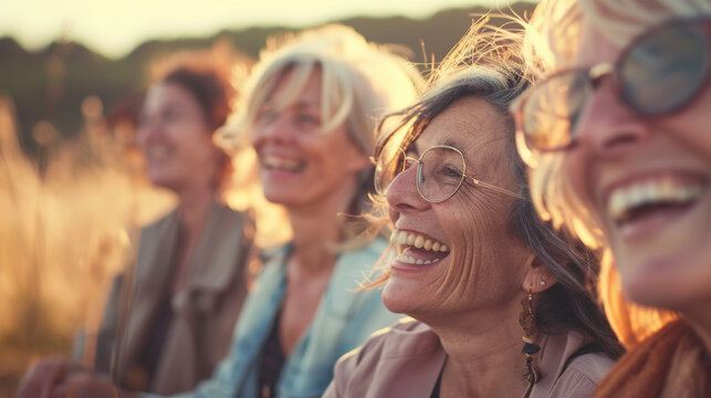 groupe de femmes soixantenaire qui rigolent ensemble en ext&eacute;rieur