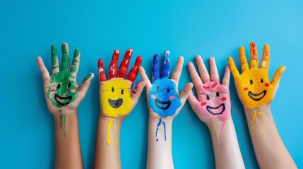 many colorful smiling hands with happy faces painted on their palms in the style of banner design
