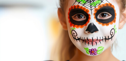 Young happy girl in Day of the Dead makeup, close-up portrait, idea for web banner