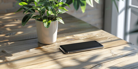 blank smartphone Mockup on Wooden Table with Plant leaves wooden background Black mobile phone smartphone mockup