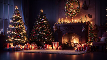  two decorated Christmas trees next to a fireplace