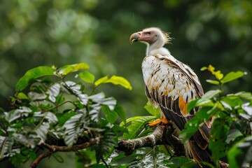 An egyptian vulture surveys its surroundings while perched gracefully amidst lush greenery in its natural habitat.