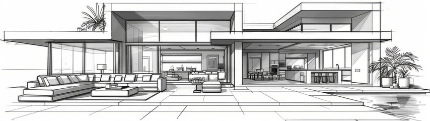 The interior is black and white in the style of line art and sketch. Concept: drawing of a room