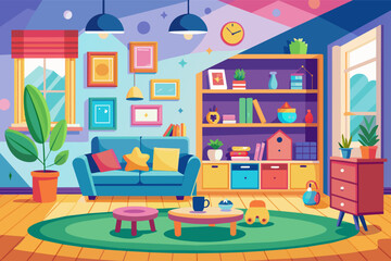 playful, kid-friendly living room with bright colors, durable materials, and plenty of storage for toys