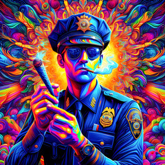 Digital art vibrant colorful psychedelic police officer smoking a blunt