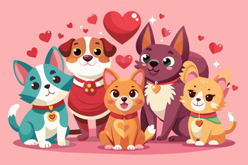 Naklejka premium playful illustration of a group of pets dressed up in Valentine's Day attire, sending love to their humans