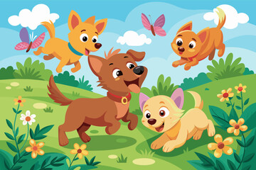 playful group of puppies with wagging tails chase butterflies in a meadow