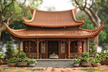 Naklejka premium 3d illustrations of ancient vietnamese traditional house architect design