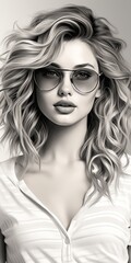 Croquis noir et blanc d'une fille dans un style réaliste, une belle femme aux cheveux épais regardant la camera.
