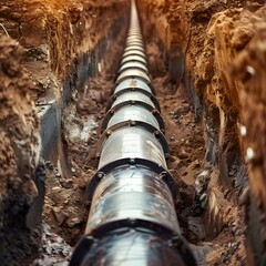 Obraz premium Metal pipes laid in trench represent pipeline construction, vital for oil, gas, and water distribution