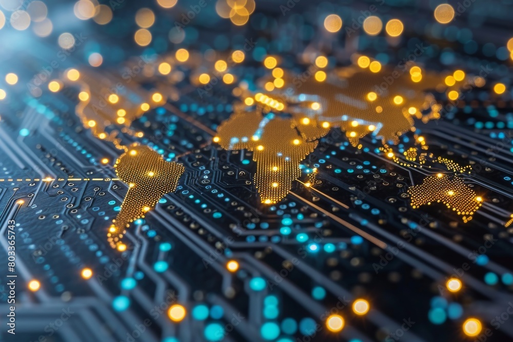 Poster an impressive high-tech digital world map prominently displayed across a complex circuit board desig