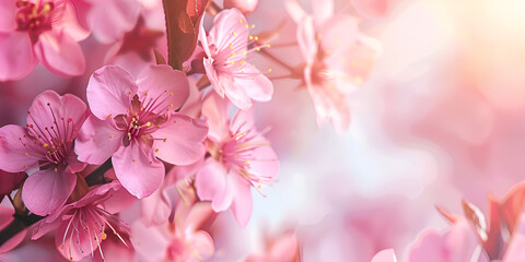 Sakura flowers or Cherry blossoms in full bloom on a pink background and backdrop Spring flowers bokeh background banner and wallpaper