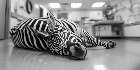 Sad zebra in a veterinary clinic Tired zebra on the ground Sleeping Zebra Zebra lying down