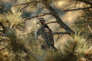 A vigilant raptor rests among pine branches in lleida, its sharp gaze surveying the surrounding field