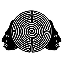 Round spiral maze or labyrinth symbol with two human faces. Janiform philosophical symbol. Mystery of Mayan culture. Black and white silhouette.