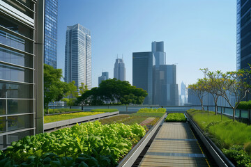 Fototapeta premium urban farming concept, sleek skyscrapers reaching toward a clear sky, their rooftops transformed into lush gardens