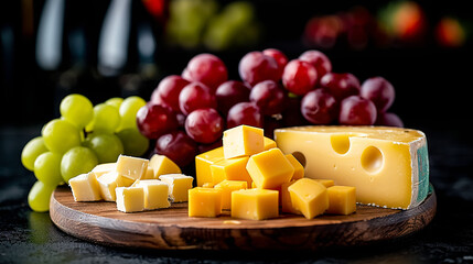 Cheese collection, pieces of cheese and grapes on a black background