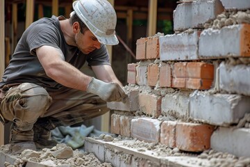 Bricklayer working on construction site