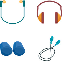 Earplug icons set cartoon vector. Various protective ear muffs. Professional equipment