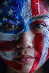 Asian woman face painted USA flag, concept of American independence, July 4th, Independence Day, American Flag.